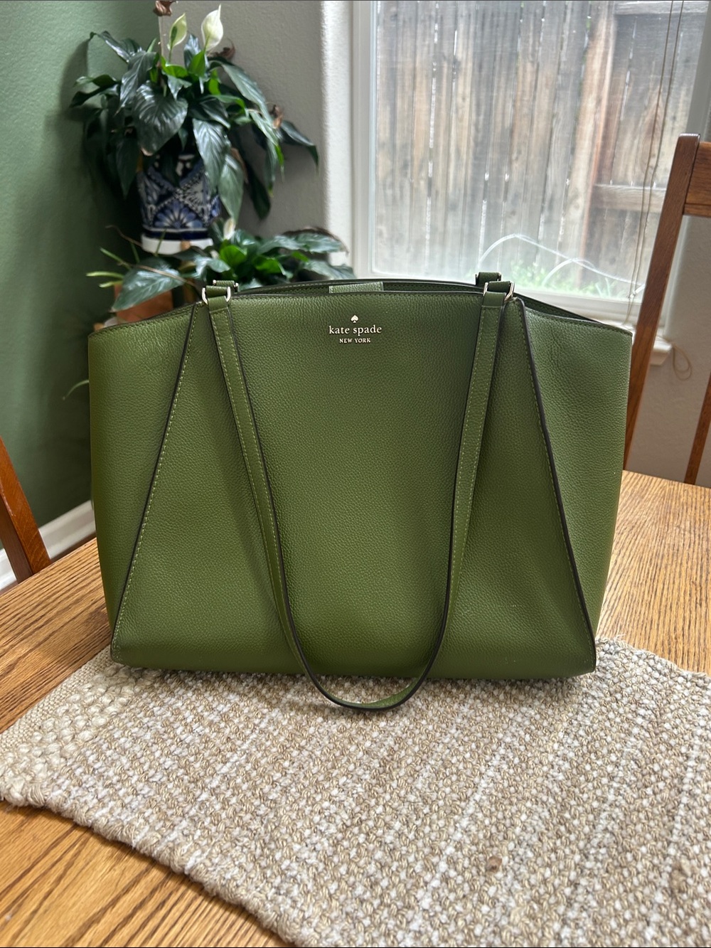 kate spade olive green leather tote with gold logo